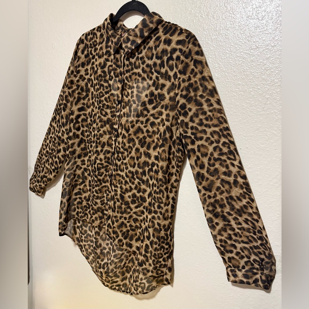 No Boundaries Leopard Print Blouse XL Sheer Animal Print Button Long Sleeve Top - Picture 3 of 5